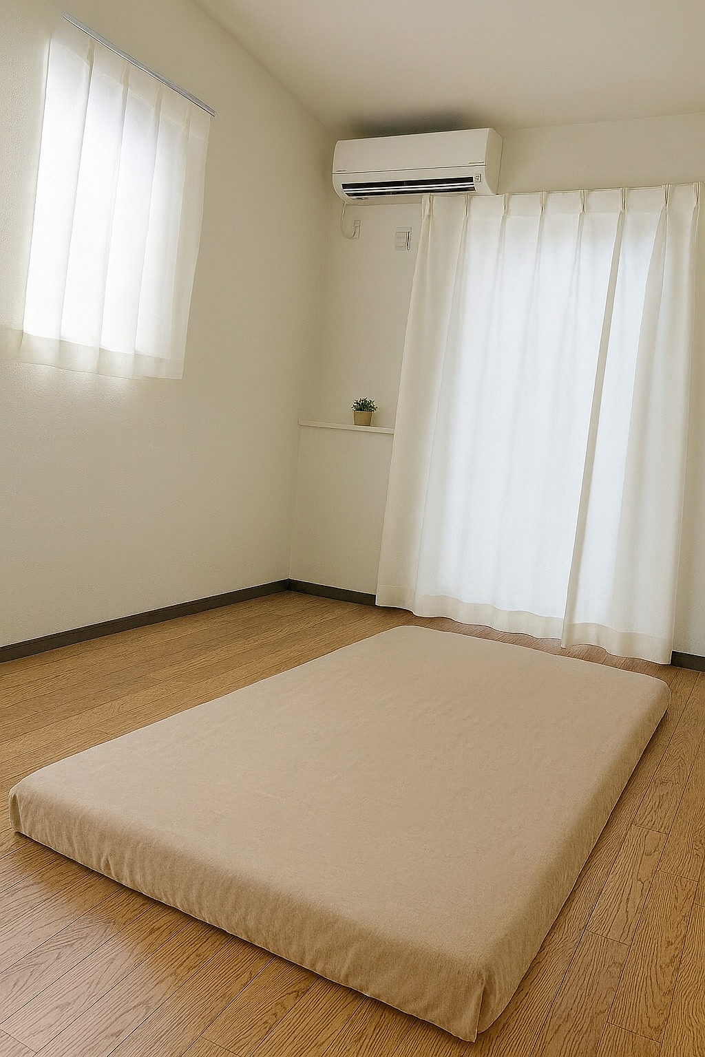 施術室の全景(清潔な寝具・自然光・白いカーテン)